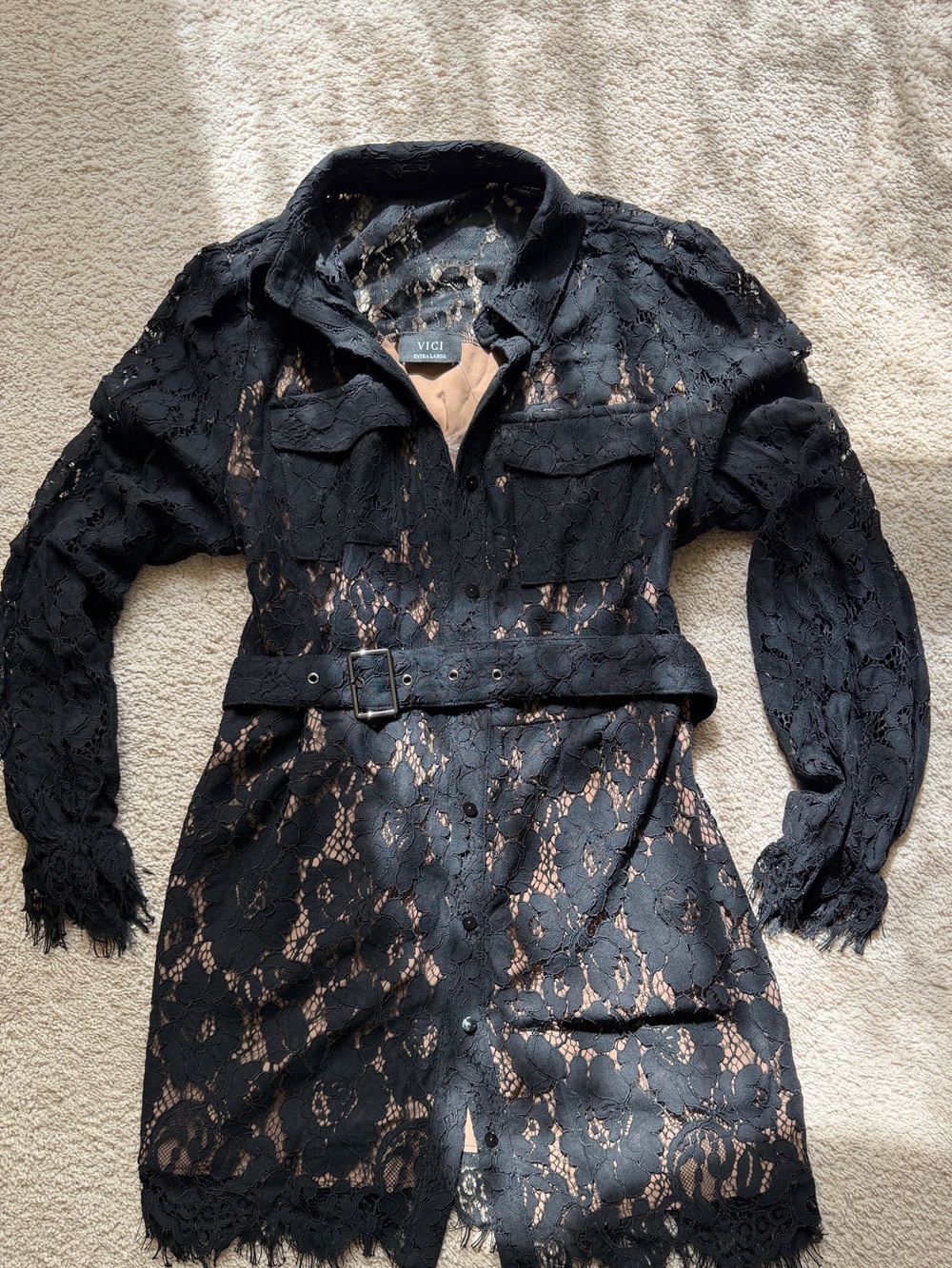 VICI Black Floral Lace Belted Shirt Dress XL